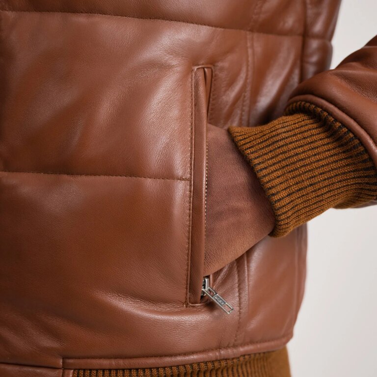Mens Lucas Brown Leather Puffer Bomber Jacket Close-Up-9-1733732647107